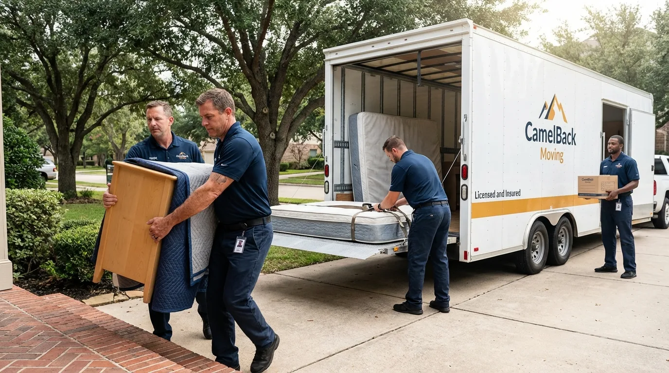 Crew loading residential truck for cross-state move from Ferris, TX