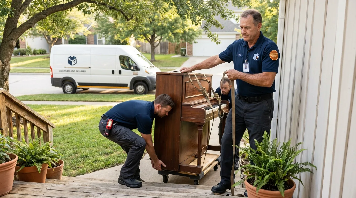 Licensed piano movers securing grand piano in Ferris, TX