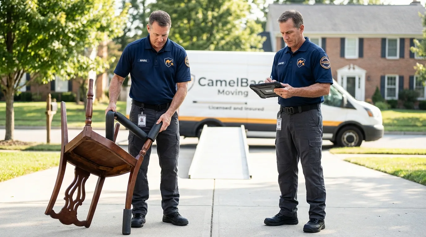 Movers inspecting furniture for damage prevention before loading in Ferris, TX
