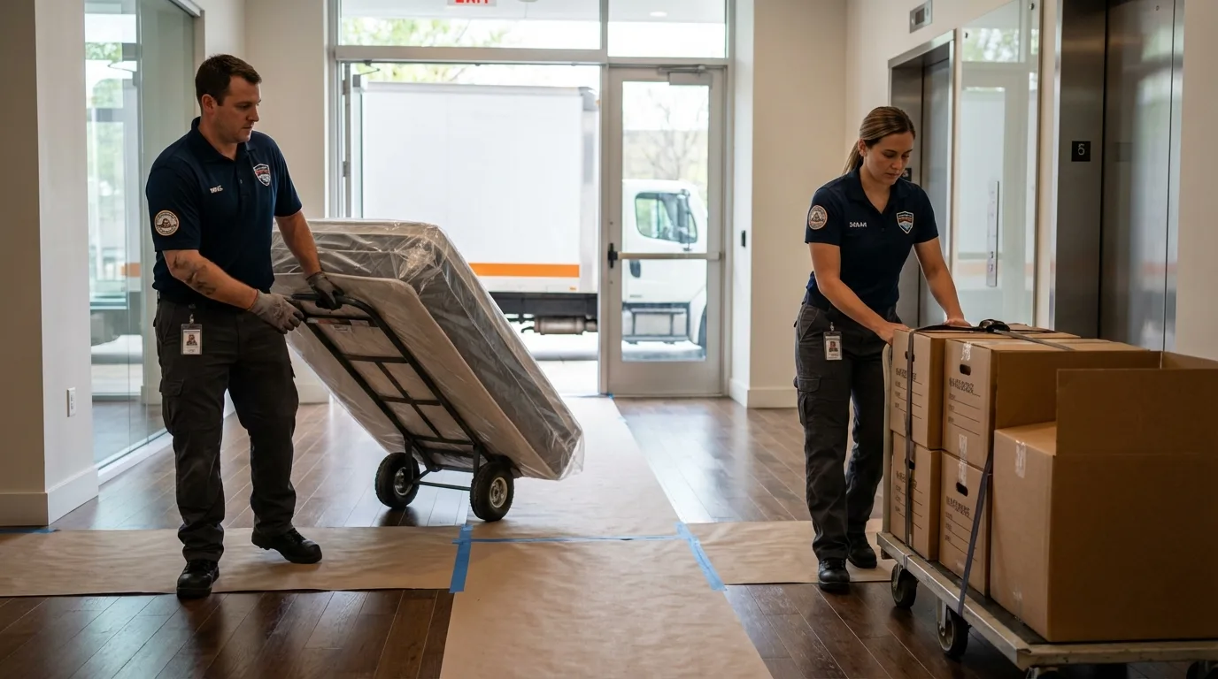 Professional apartment movers loading elevator in Ferris, TX