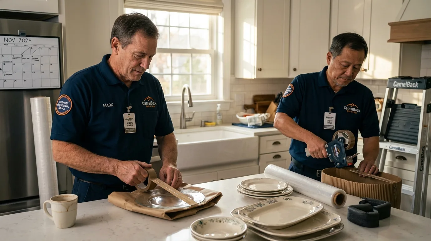 Professional crew packing kitchen dishware in Ferris, TX